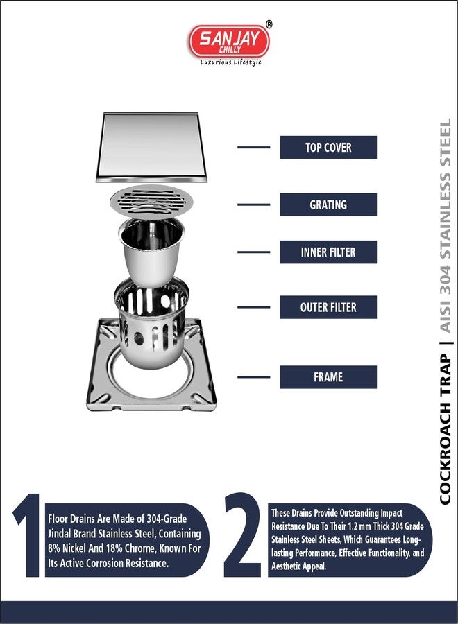 Sanjay Chilly SS Floor Drain with Cockroach Trap for Bathroom 21mm Marble Insert Floor Drain Cover Jali Reversible Marble Drainer Kitchen Sink Washbasin Hair Catcher Marble Drainer Silver 4 x 4 INCH - Image 5